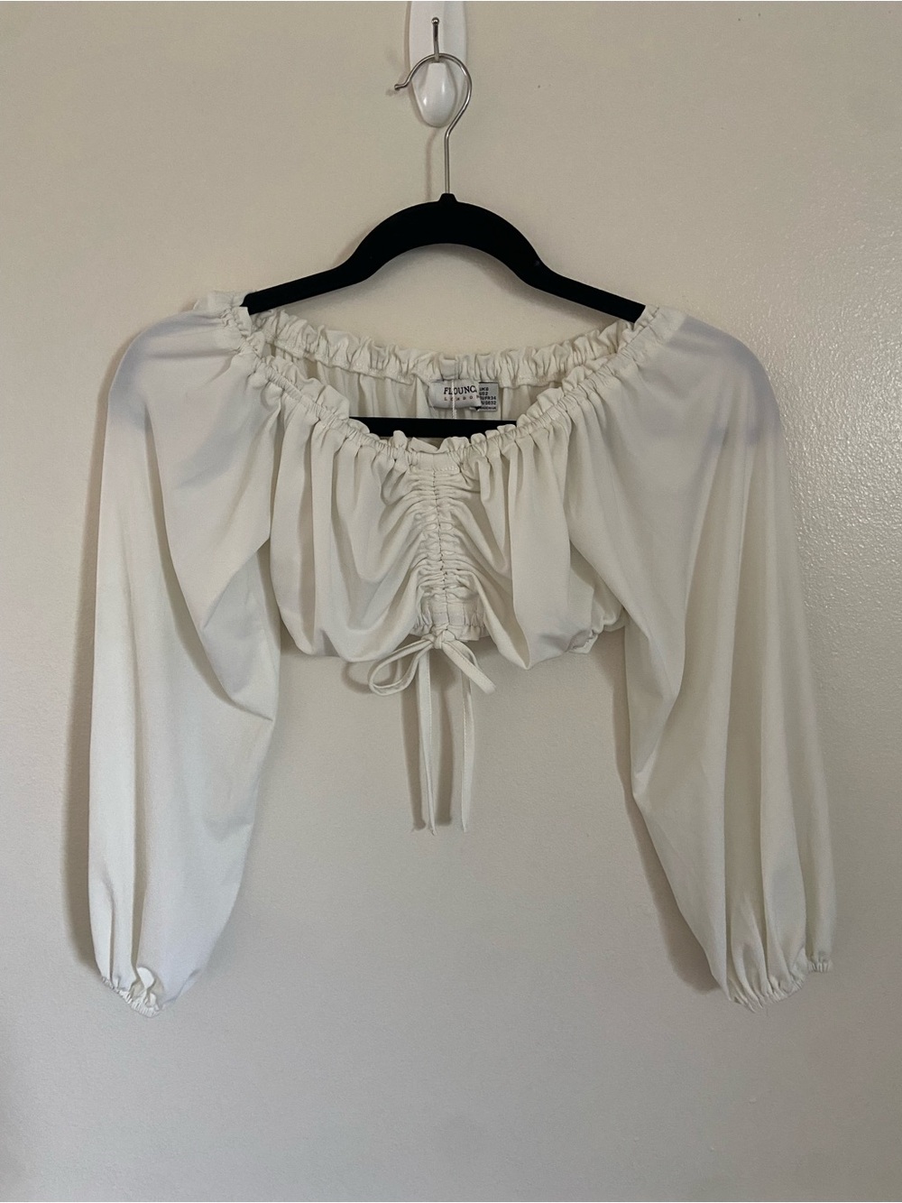 Flounce London Cream Drawstring Off-Shoulder Crop Top